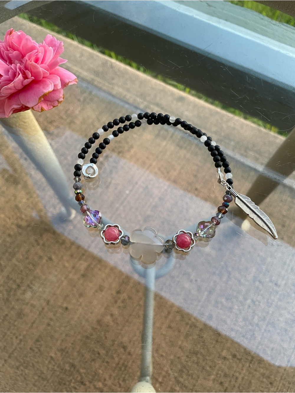 Handmade Black Beaded Choker with Pink Flower Accents